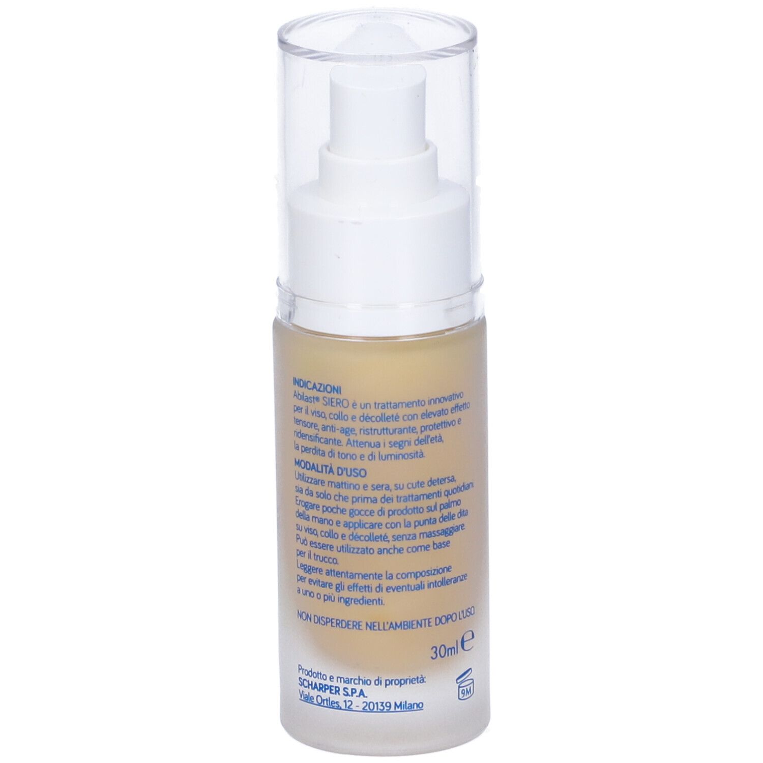 Flacone di Abilast Siero Antiage con erogatore spray. Scritta: Siero, 30ml.