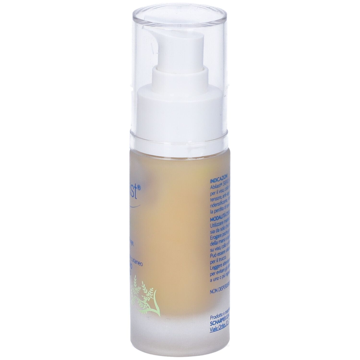 Flacone di Abilast Siero Antiage con erogatore spray. Scritta: Siero, 30ml.