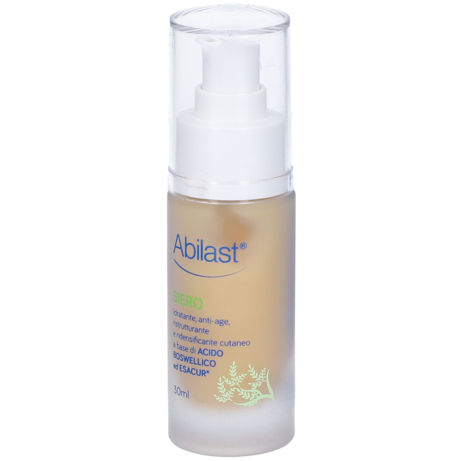 Flacone di Abilast Siero Antiage con erogatore spray. Scritta: Siero, 30ml.