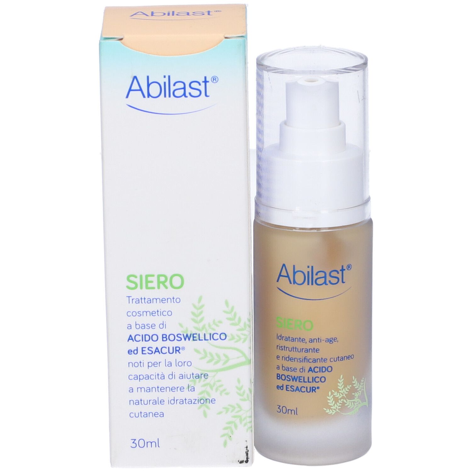 Flacone e confezione di Abilast Siero Antiage. Scritta: Siero, 30ml.