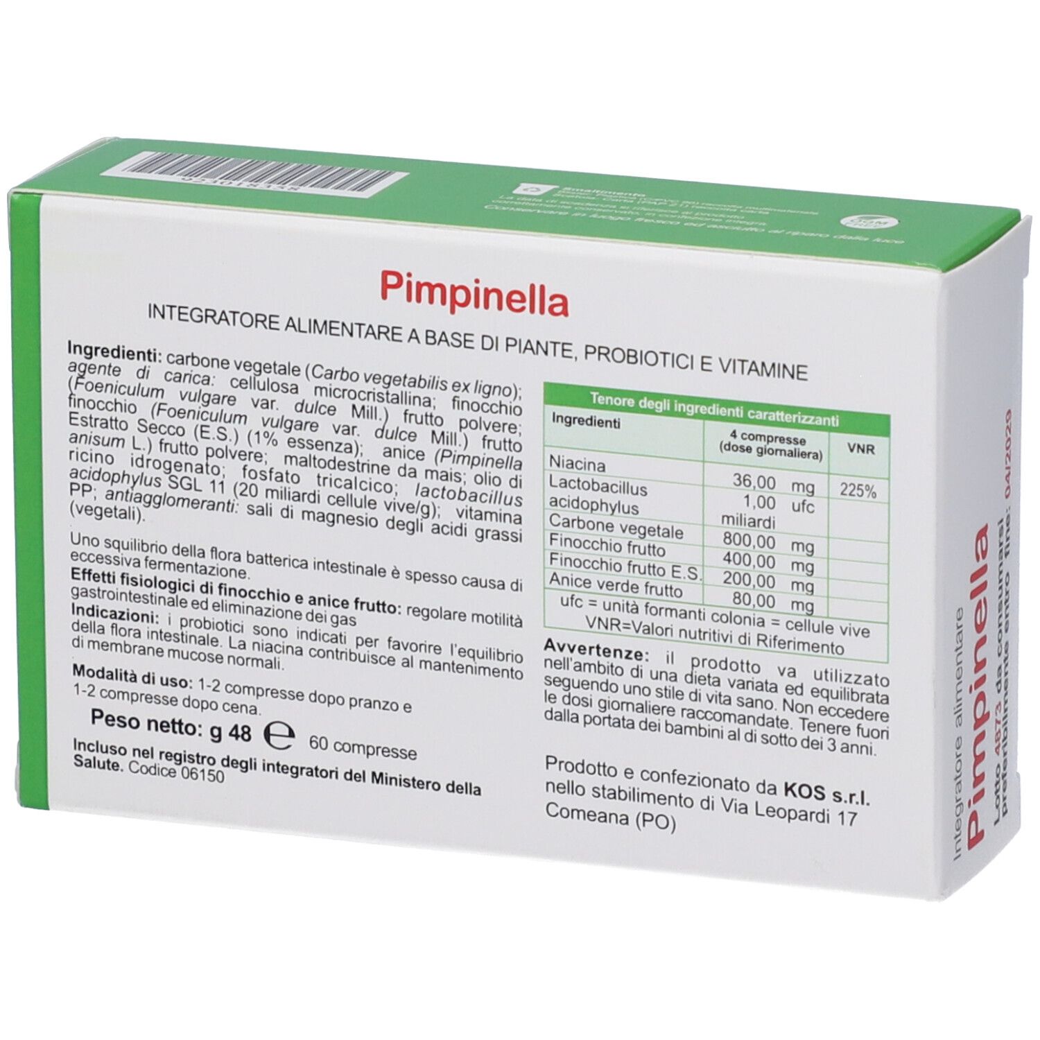 Confezione Pimpinella integratore alimentare con probiotici e vitamine, 60 compresse.