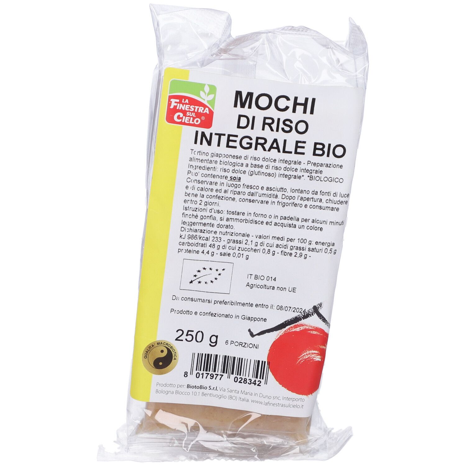 Confezione di mochi in diagonale. Scritta: Mochi di Riso Integrale Bio. Marchio bio. 250g.
