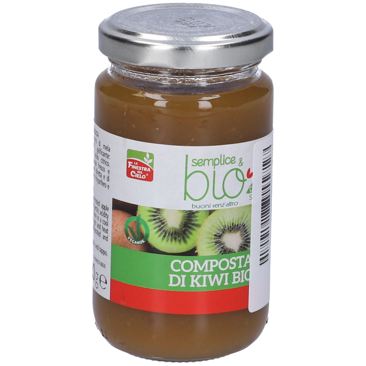 Vasetto di composta di kiwi. Etichetta con nome del prodotto e logo. Coperchio metallico.