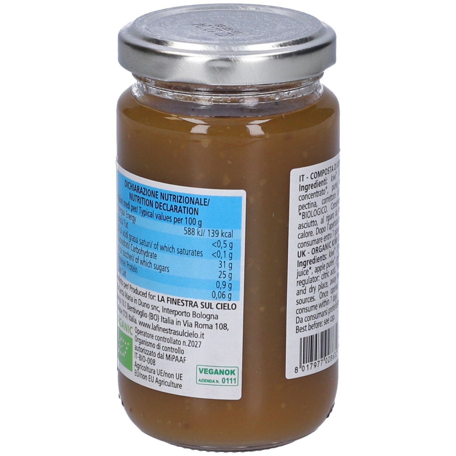 Vasetto di composta di kiwi. Retro con valori nutrizionali e informazioni produttore. Coperchio metallico.