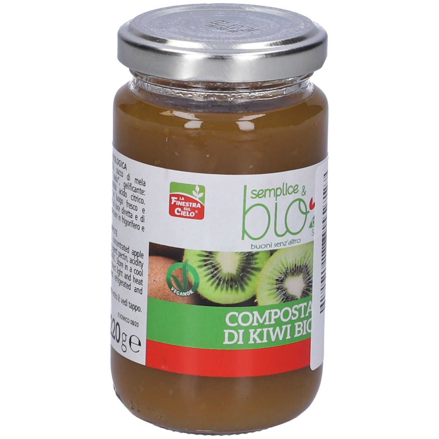 Vasetto di composta di kiwi. Etichetta con nome del prodotto e logo. Coperchio metallico.