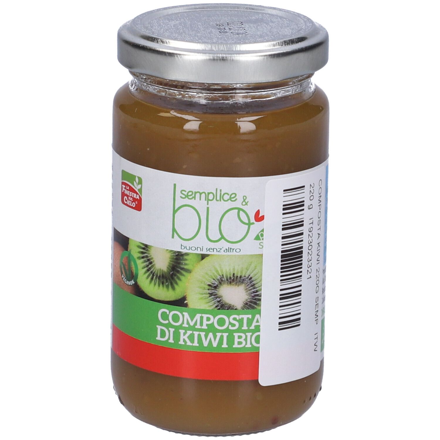 Vasetto di composta di kiwi. Etichetta con nome del prodotto e logo. Coperchio metallico.