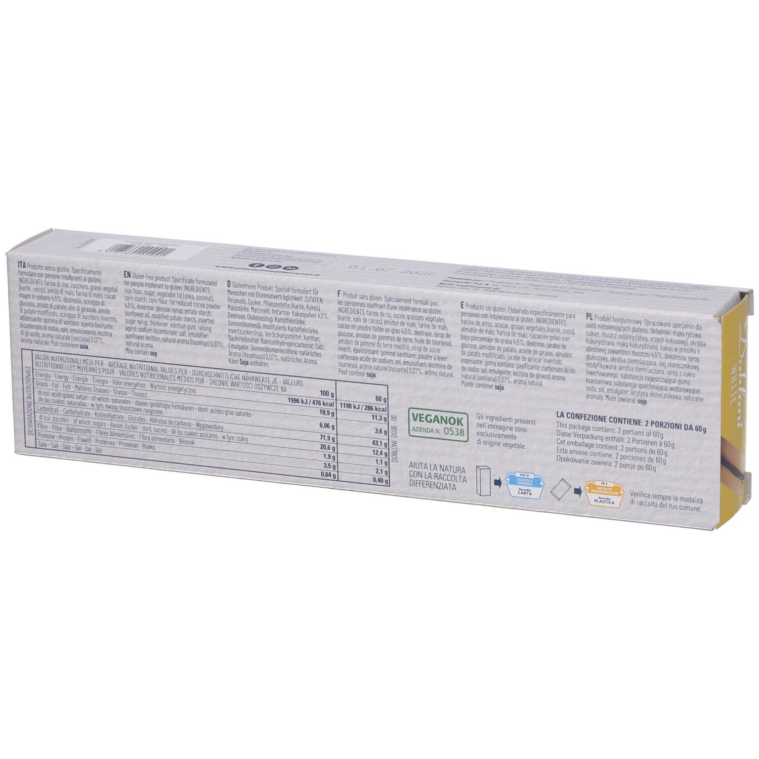 Confezione Piaceri Mediterranei® Dobloni White. Retro con informazioni nutrizionali e testo. Logo vegano. 120g.