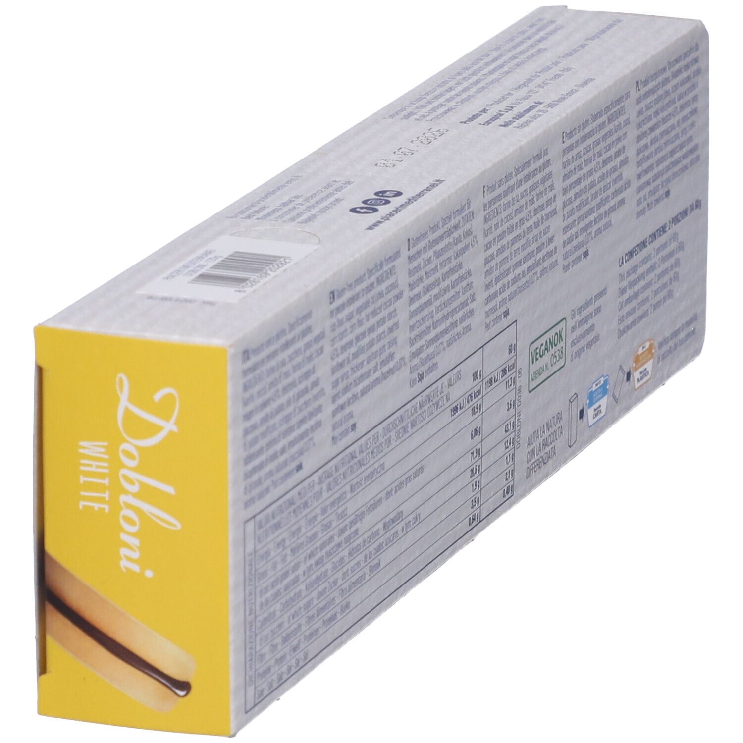 Confezione Piaceri Mediterranei® Dobloni White. Retro con informazioni nutrizionali e testo. Logo vegano. 120g.