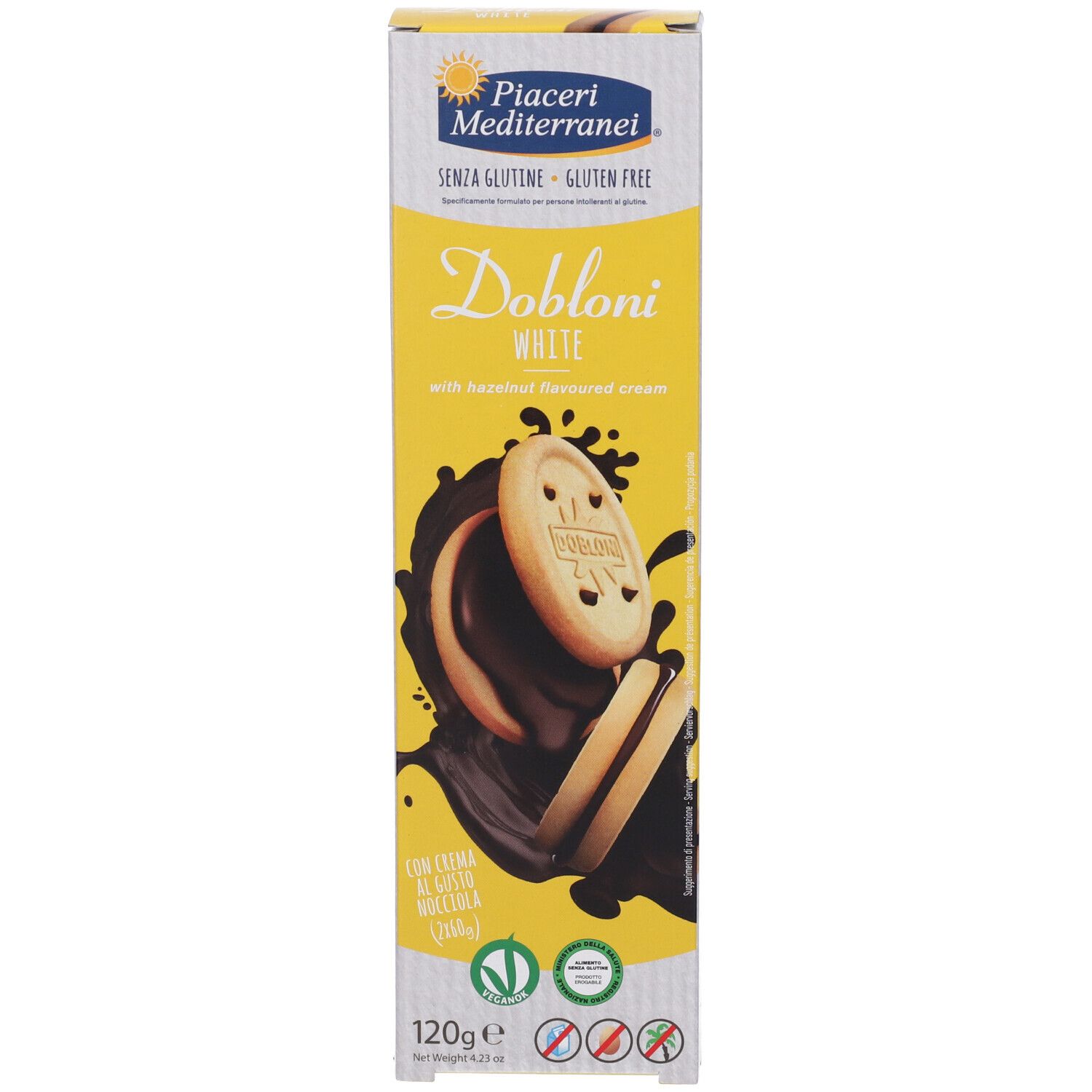 Confezione di Piaceri Mediterranei® Dobloni White. Senza glutine. Biscotti con crema alla nocciola e spruzzi di cioccolato. 120g.