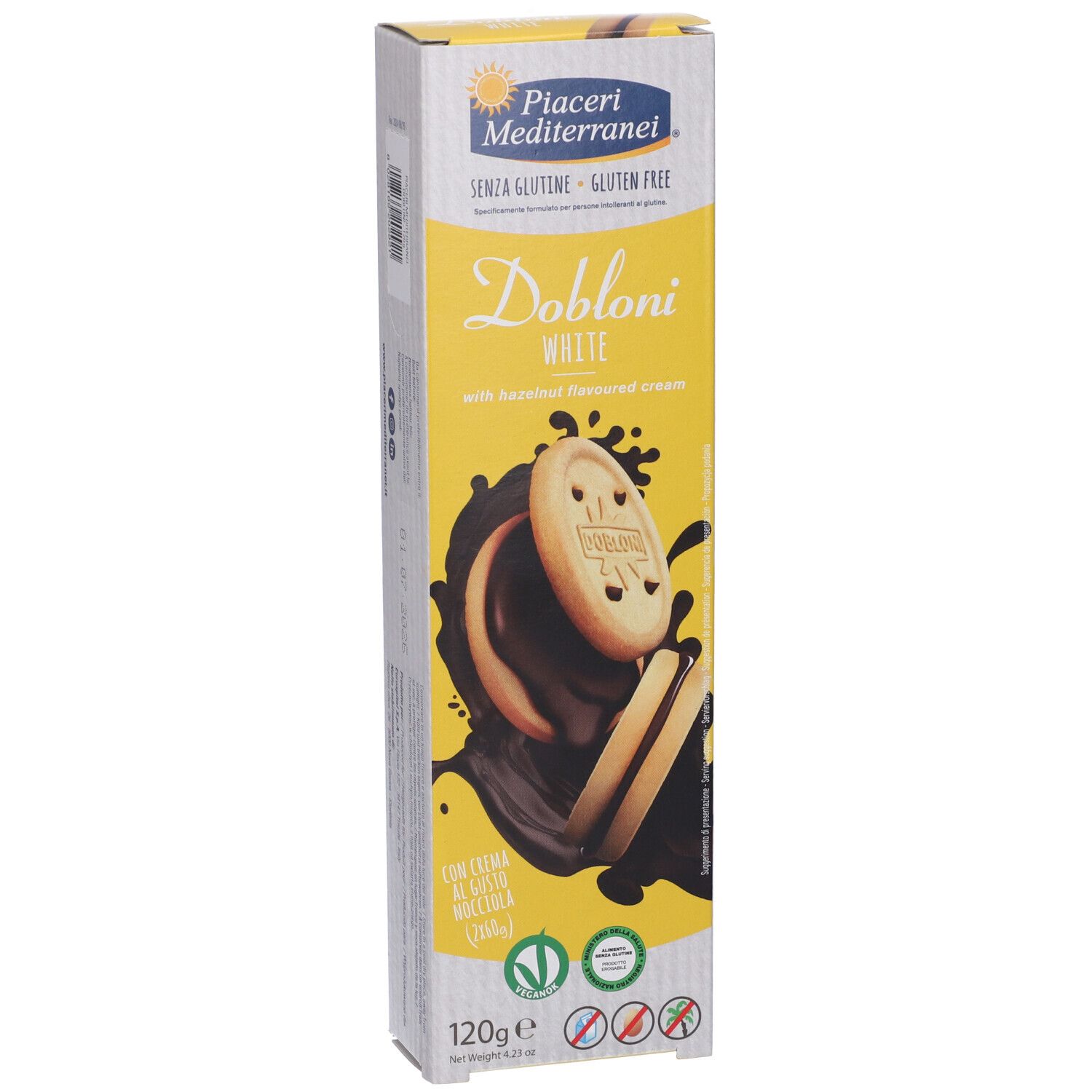 Confezione di Piaceri Mediterranei® Dobloni White. Senza glutine. Biscotti con crema alla nocciola e spruzzi di cioccolato. 120g.