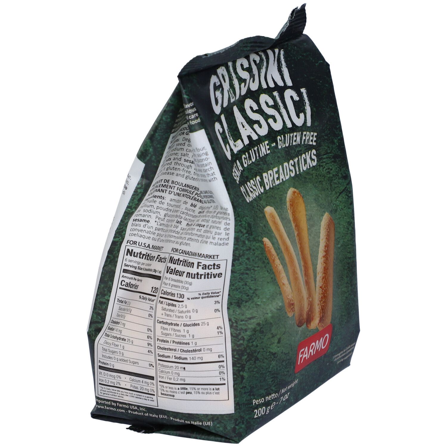 Confezione di grissini senza glutine. Scritta: Grissini Classici, Senza Glutine, Classic Breadsticks. Informazioni nutrizionali. Marchio: Farmo.