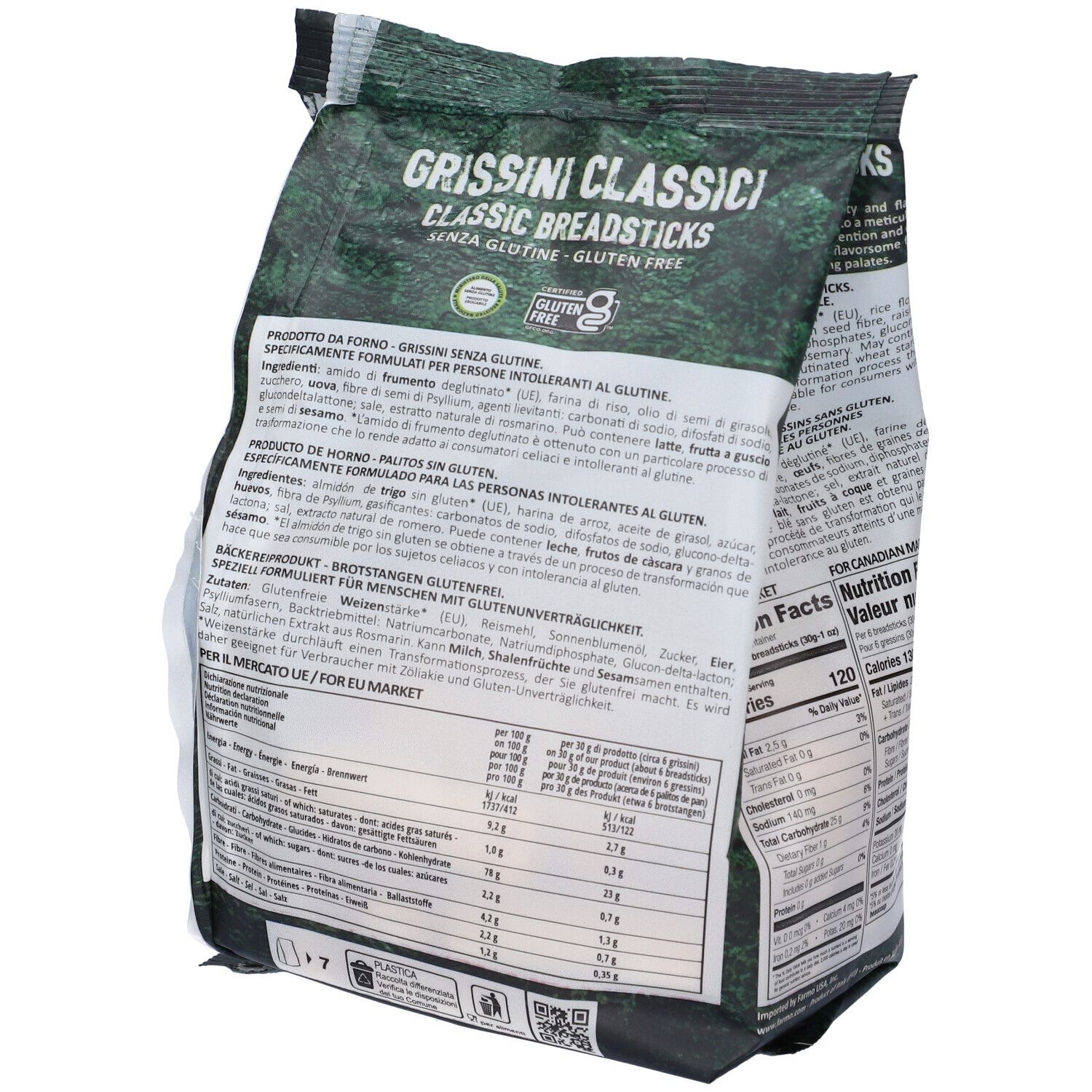 Retro della confezione di grissini senza glutine. Testo: Grissini Classici, Senza Glutine, Classic Breadsticks. Informazioni nutrizionali. Marchio: Farmo.