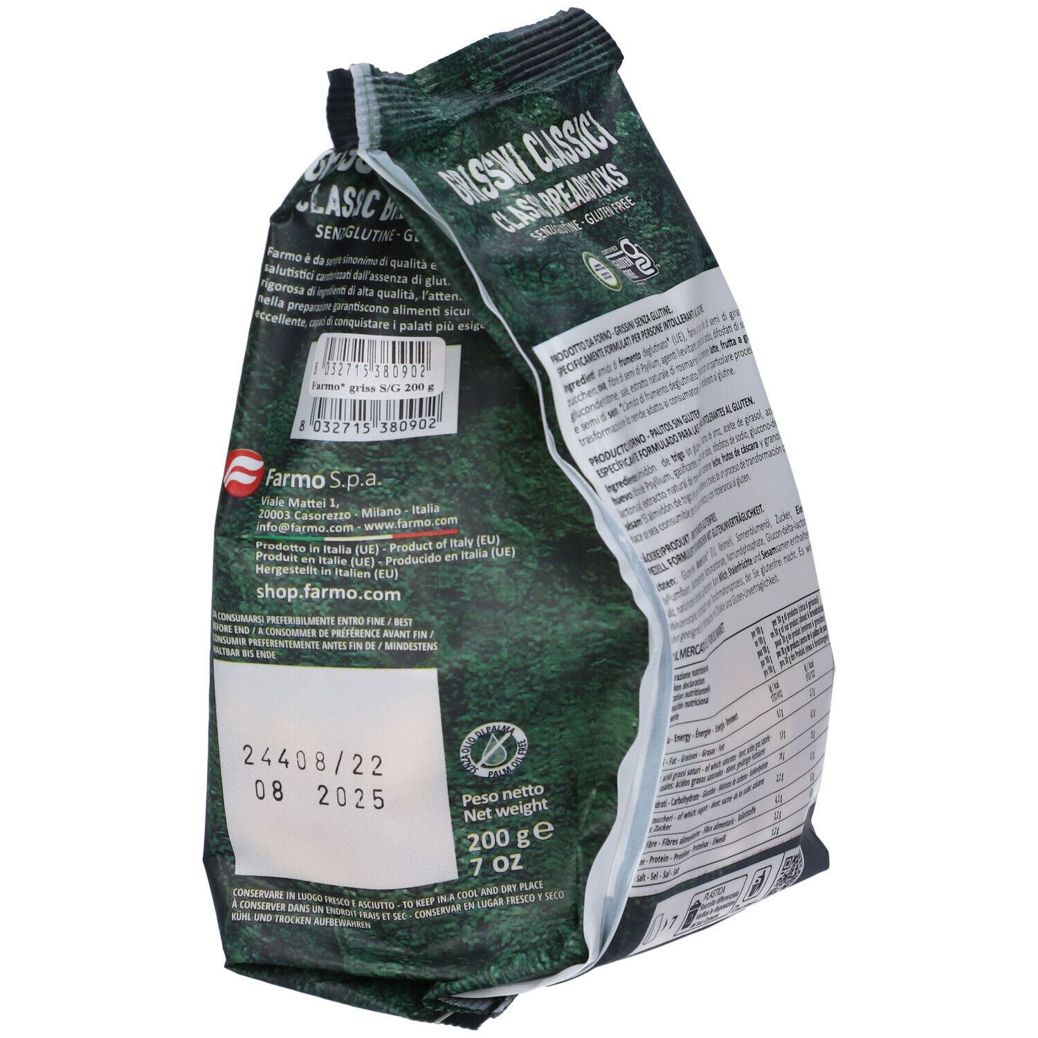 Confezione di grissini senza glutine. Scritta: Grissini Classici, Senza Glutine, Classic Breadsticks. Data di scadenza. Marchio: Farmo.