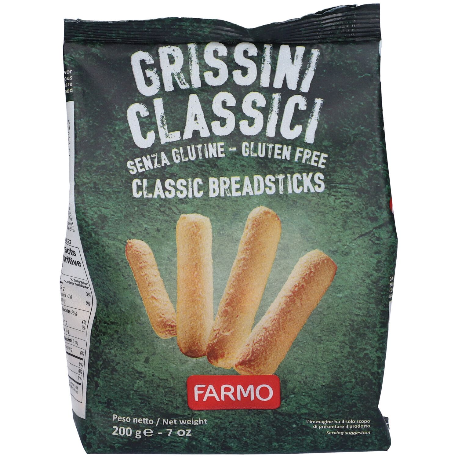 Confezione di grissini senza glutine. Scritta: Grissini Classici, Senza Glutine, Classic Breadsticks. Marchio: Farmo. 200g.
