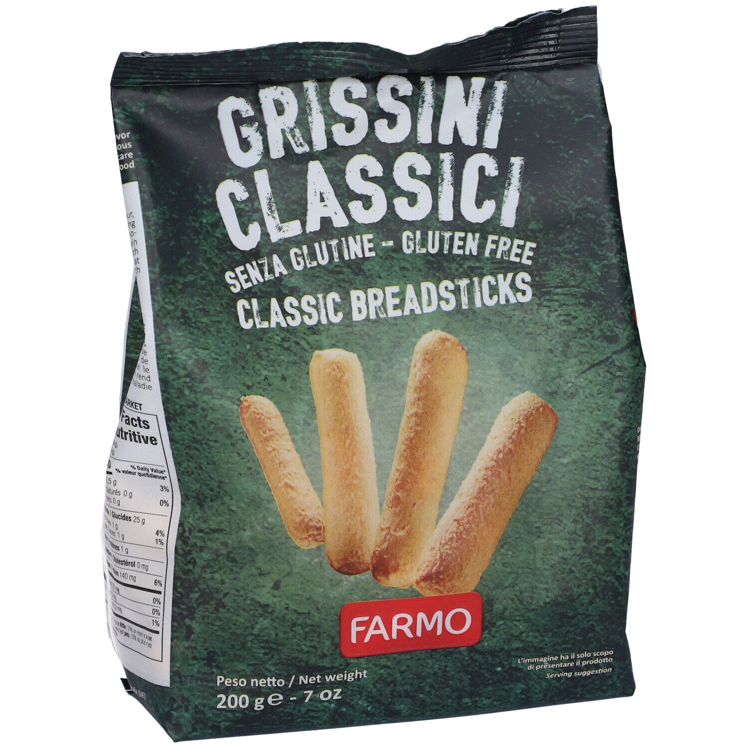 Confezione di grissini senza glutine. Scritta: Grissini Classici, Senza Glutine, Classic Breadsticks. Marchio: Farmo. 200g.