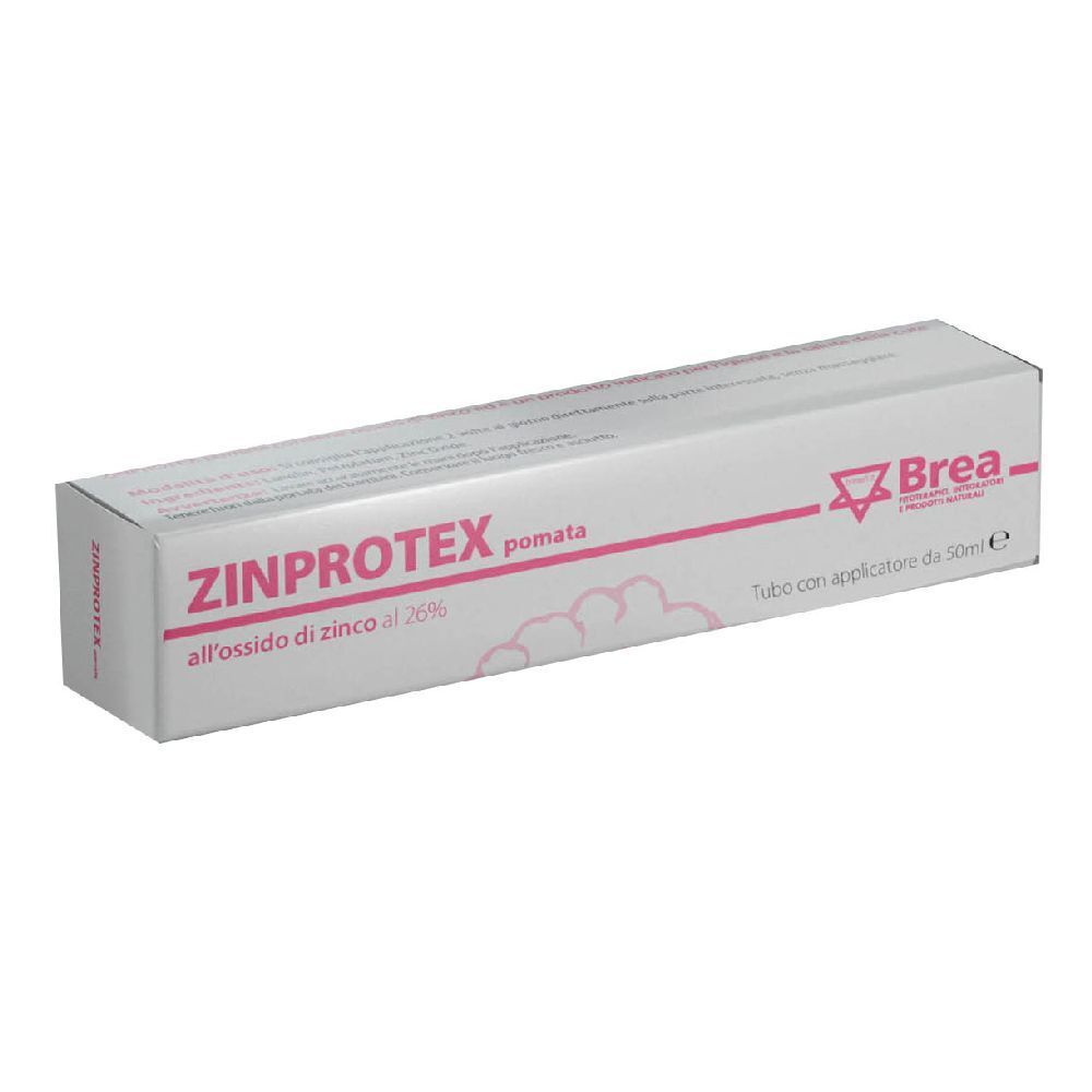 Confezione di ZINPROTEX pomata, scritta rosa. Logo Brea. Testo: all'ossido di zinco al 20%. Tubo con applicatore da 50ml.