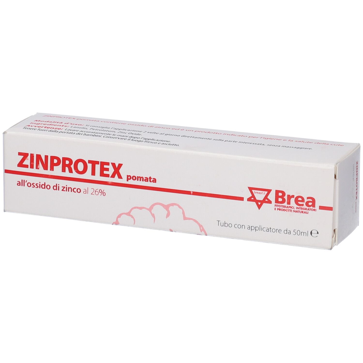 Confezione prodotto con testo: ZINPROTEX pomata, all'ossido di zinco al 26%. Marchio Brea. Con applicatore.