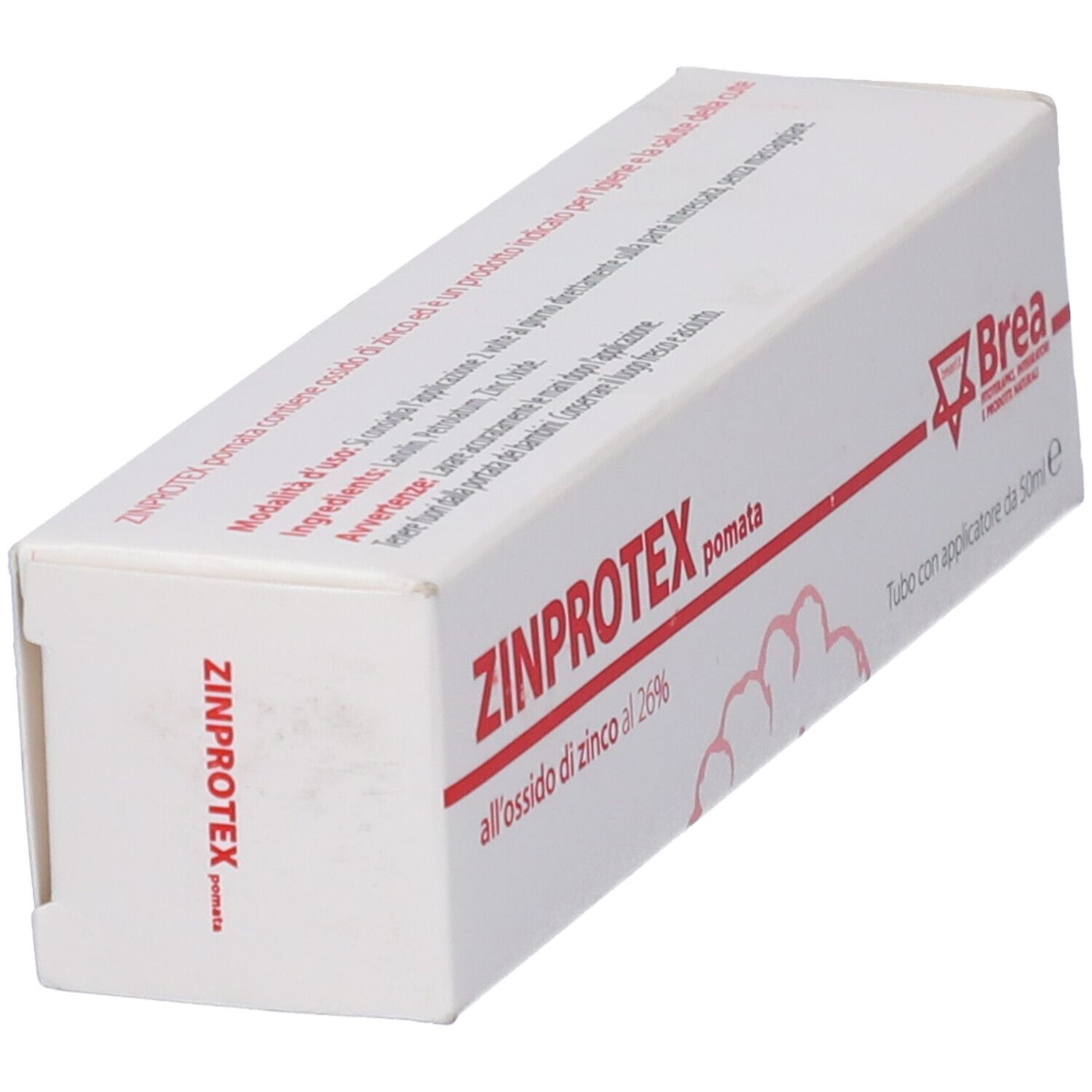 Scatola con nome prodotto e logo. Testo: ZINPROTEX pomata, all'ossido di zinco al 26%. Marchio Brea.