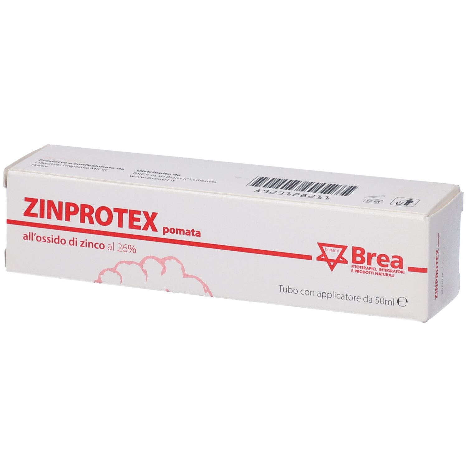 Confezione prodotto con testo: ZINPROTEX pomata, all'ossido di zinco al 26%. Marchio Brea. Con applicatore.