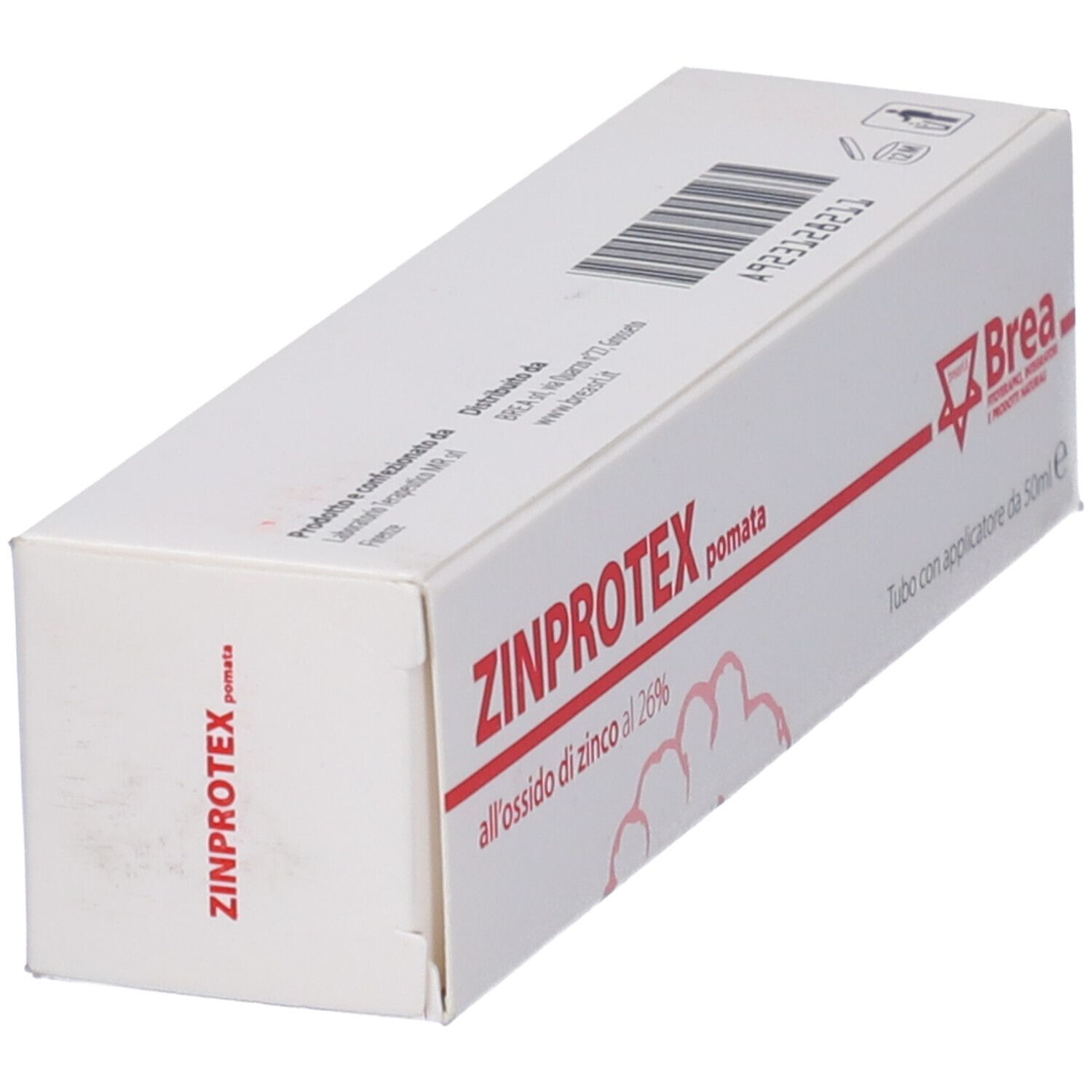 Confezione prodotto con testo: ZINPROTEX pomata, all'ossido di zinco al 26%. Marchio Brea. Con applicatore.