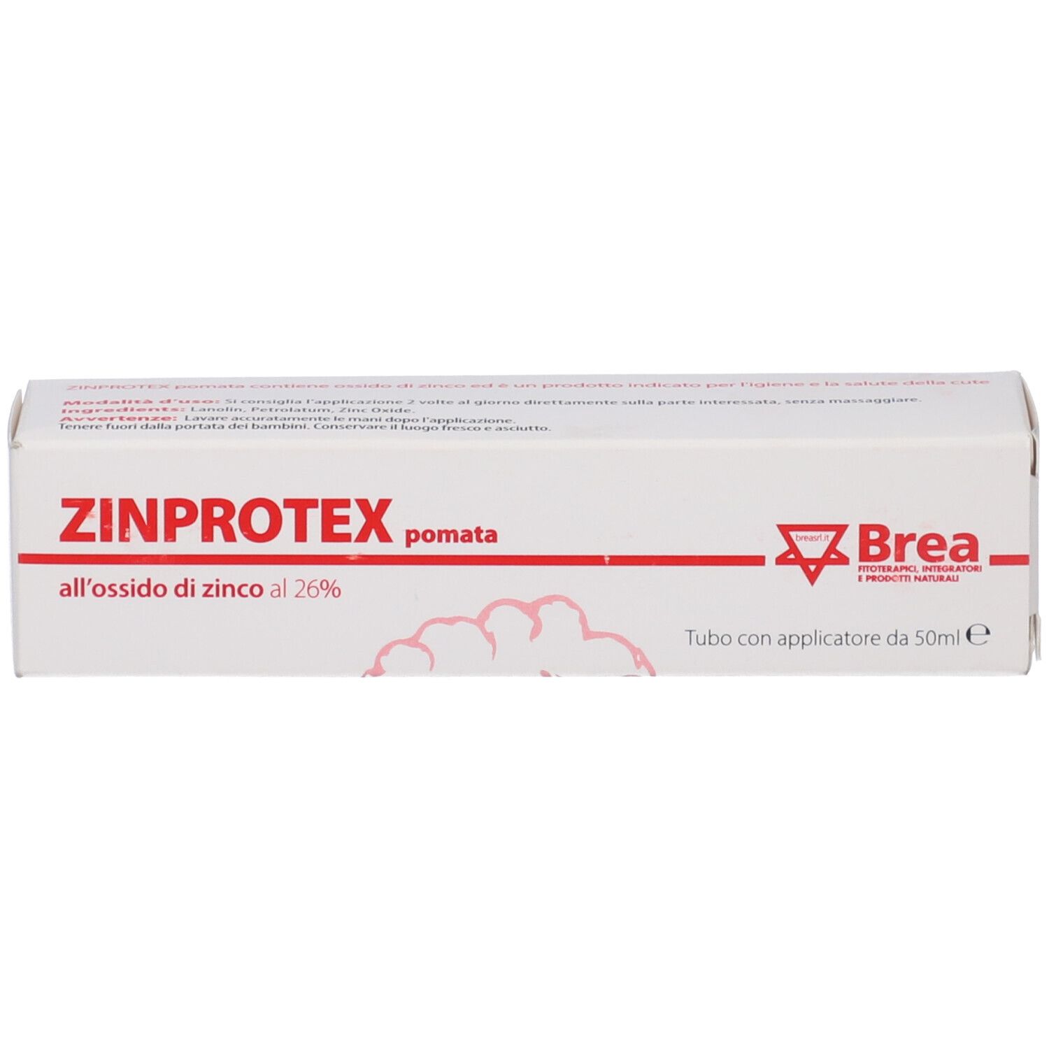 Confezione prodotto con testo: ZINPROTEX pomata, all'ossido di zinco al 26%. Marchio Brea. Con applicatore.
