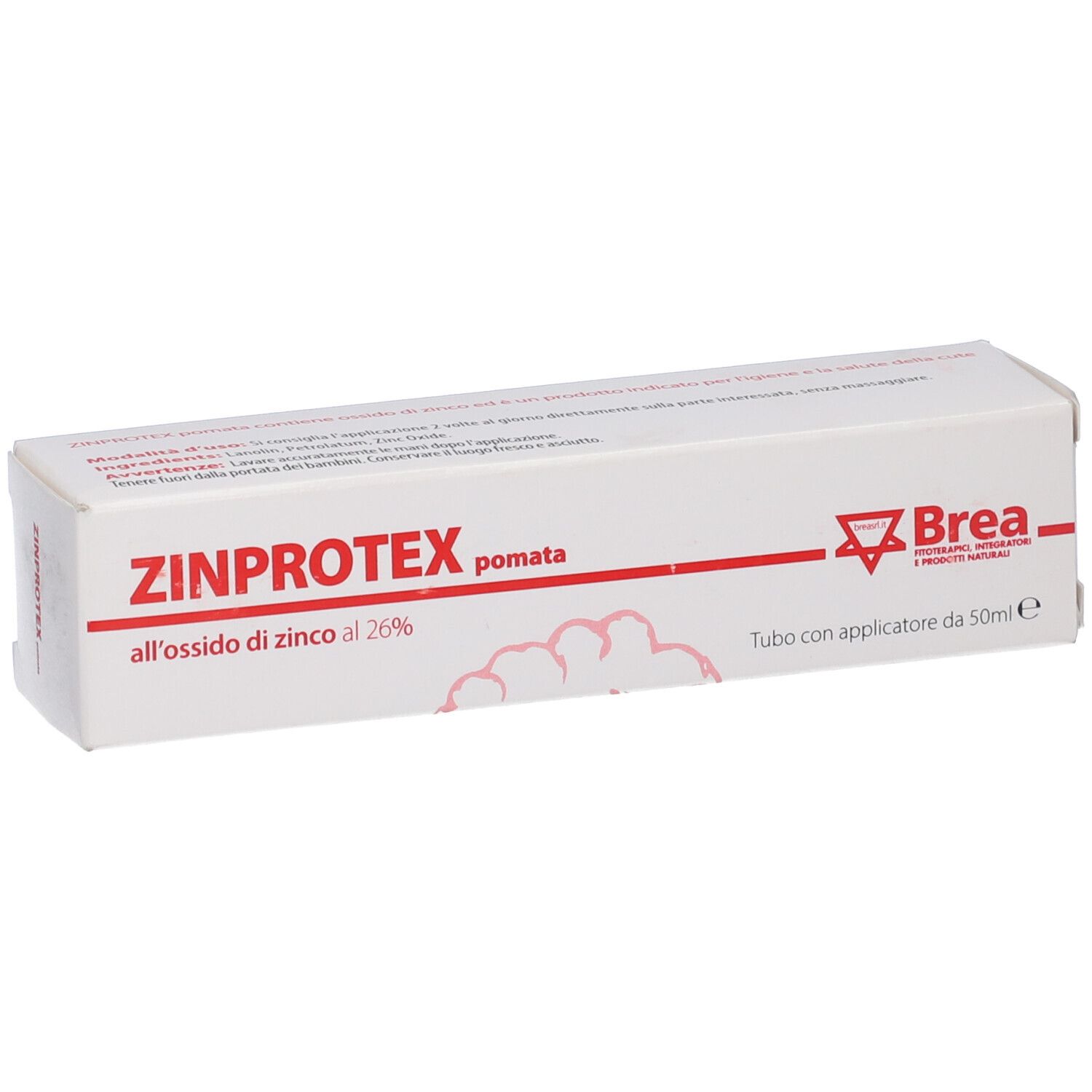 Confezione prodotto con testo: ZINPROTEX pomata, all'ossido di zinco al 26%. Marchio Brea. Con applicatore.
