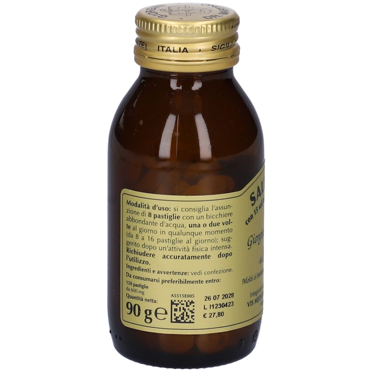 Salisani-T Vitaminsport, bottiglia. Contiene 15 minerali e 13 vitamine. Compresse marroni. Tappo dorato.