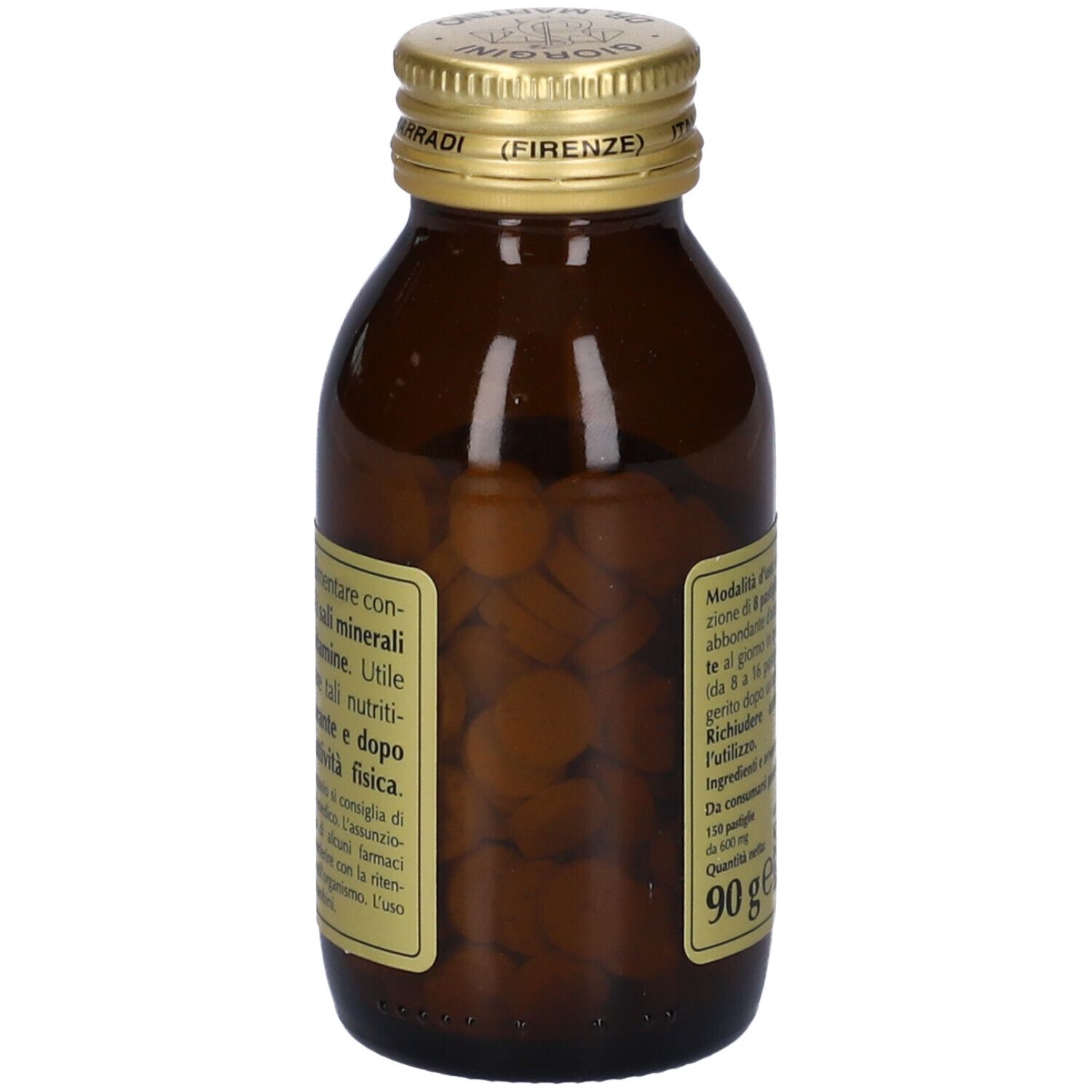 Salisani-T Vitaminsport, bottiglia. Contiene 15 minerali e 13 vitamine. Compresse marroni. Tappo dorato.
