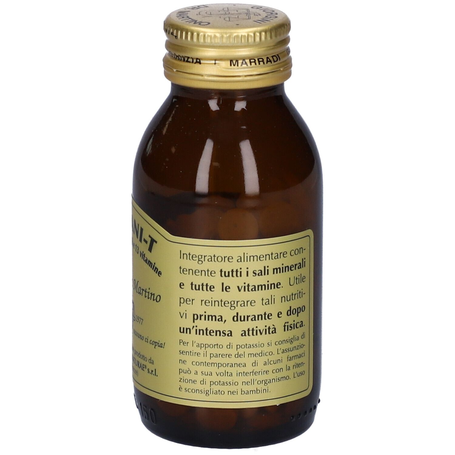 Salisani-T Vitaminsport, bottiglia. Contiene 15 minerali e 13 vitamine. Compresse marroni. Tappo dorato.