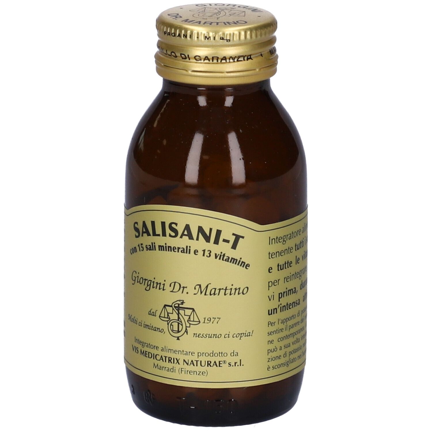 Salisani-T Vitaminsport, bottiglia. Contiene 15 minerali e 13 vitamine. Compresse marroni. Tappo dorato.