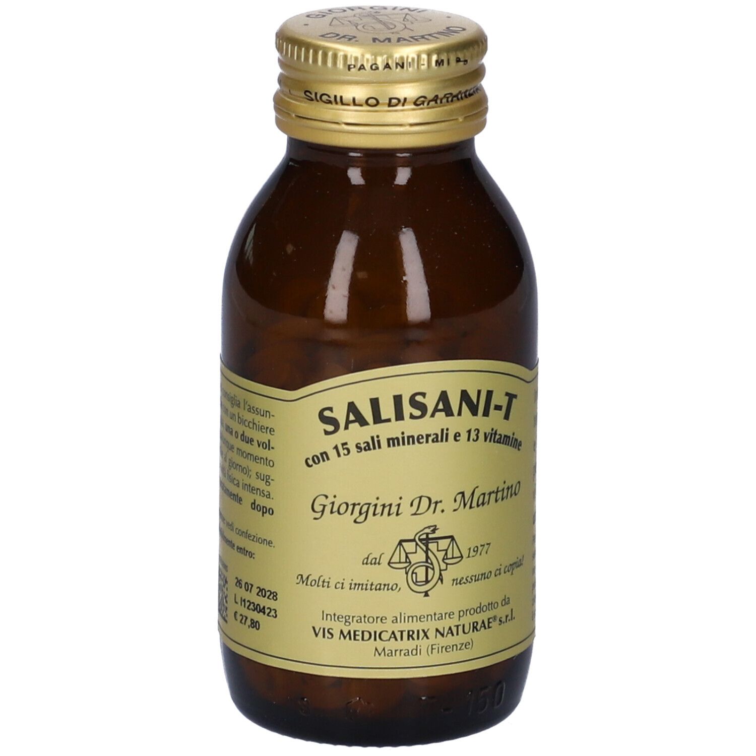 Salisani-T Vitaminsport, bottiglia. Contiene 15 minerali e 13 vitamine. Compresse marroni. Tappo dorato.