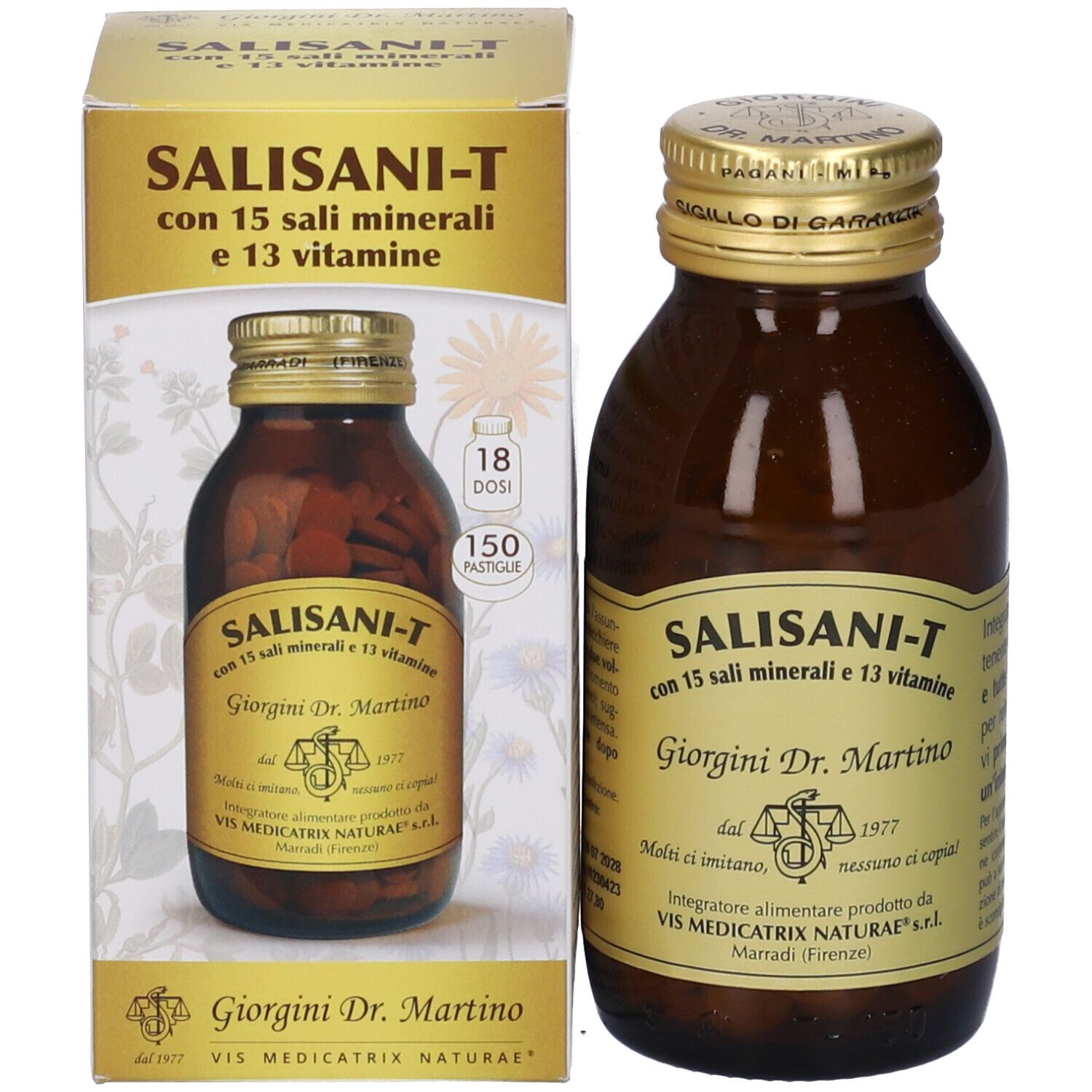 Salisani-T Vitaminsport, bottiglia e confezione. Contiene 15 minerali e 13 vitamine. Compresse marroni.