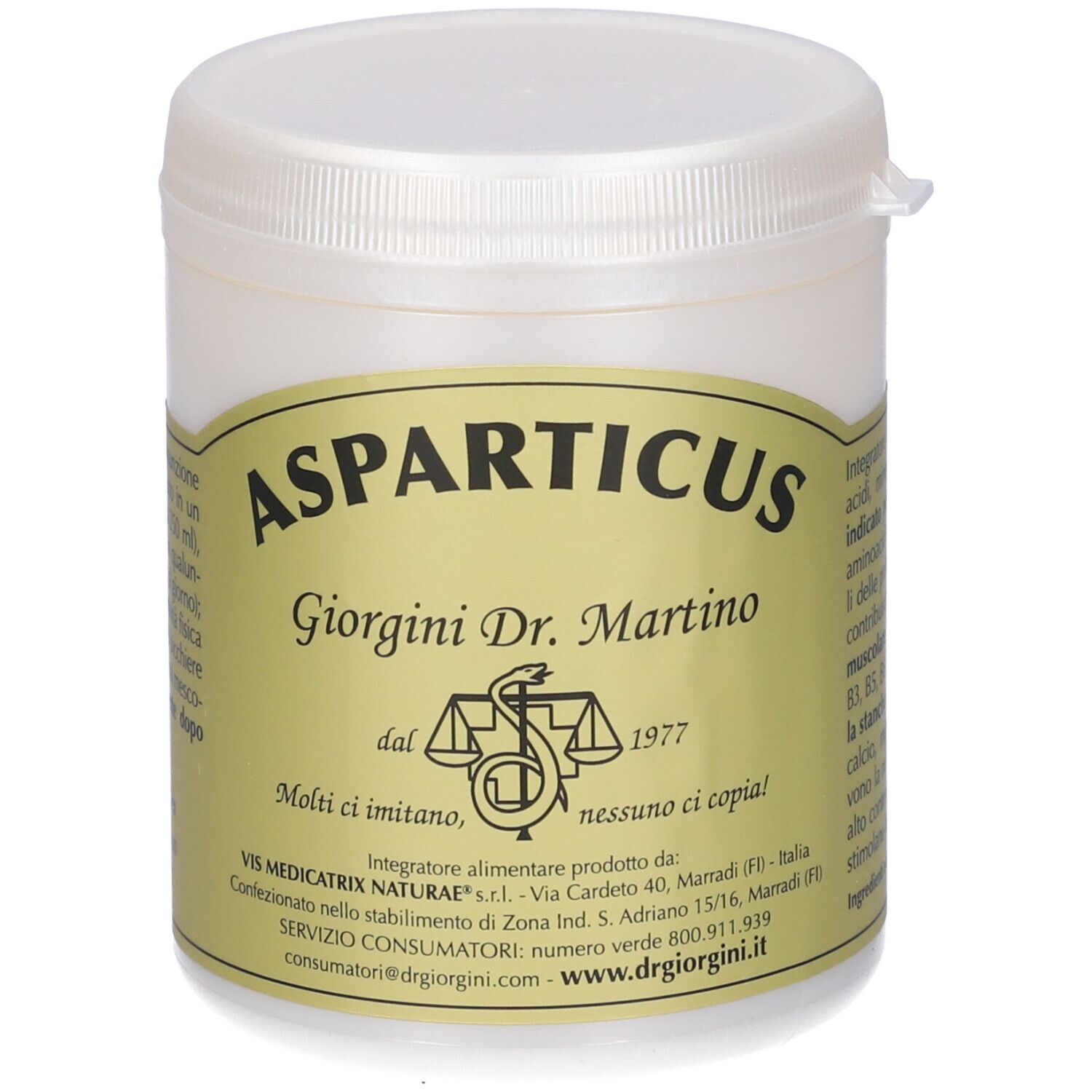 Contenitore bianco con etichetta Asparticus. Scritta: Giorgini Dr. Martino, dal 1977.