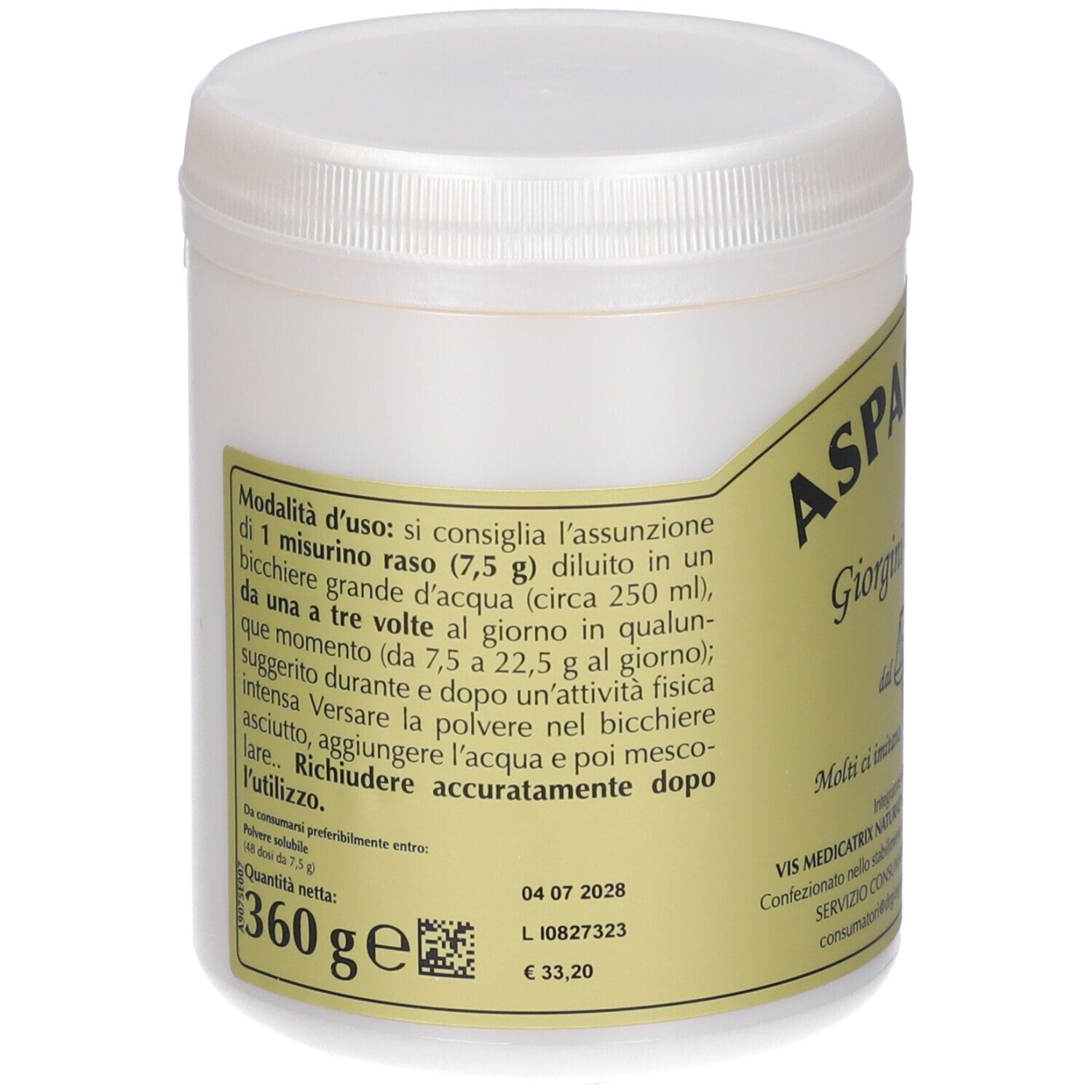Contenitore bianco con etichetta. Scritta: Asparticus. Testo su uso e ingredienti.