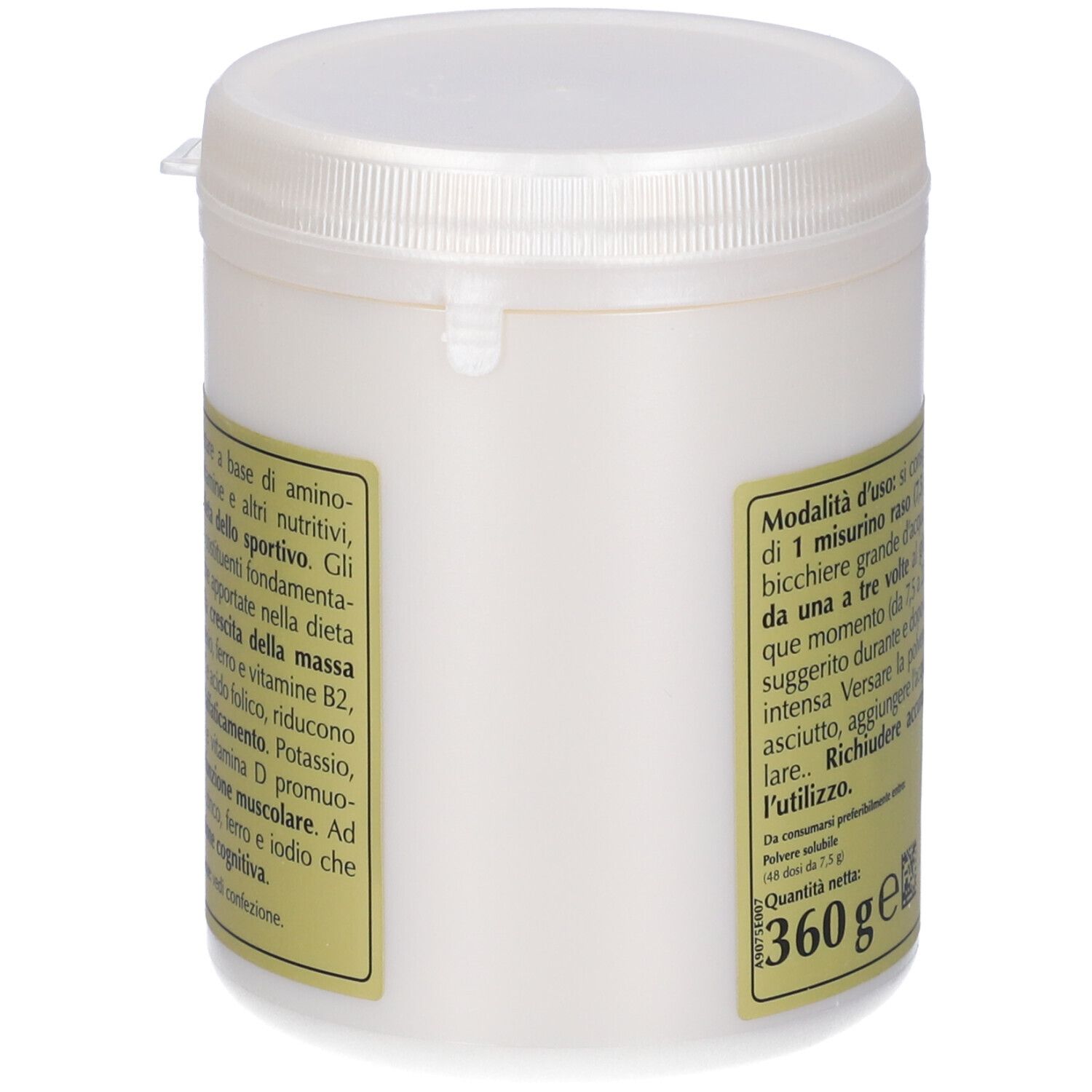 Contenitore bianco con etichetta. Scritta: Asparticus. Testo su ingredienti e valori nutrizionali.
