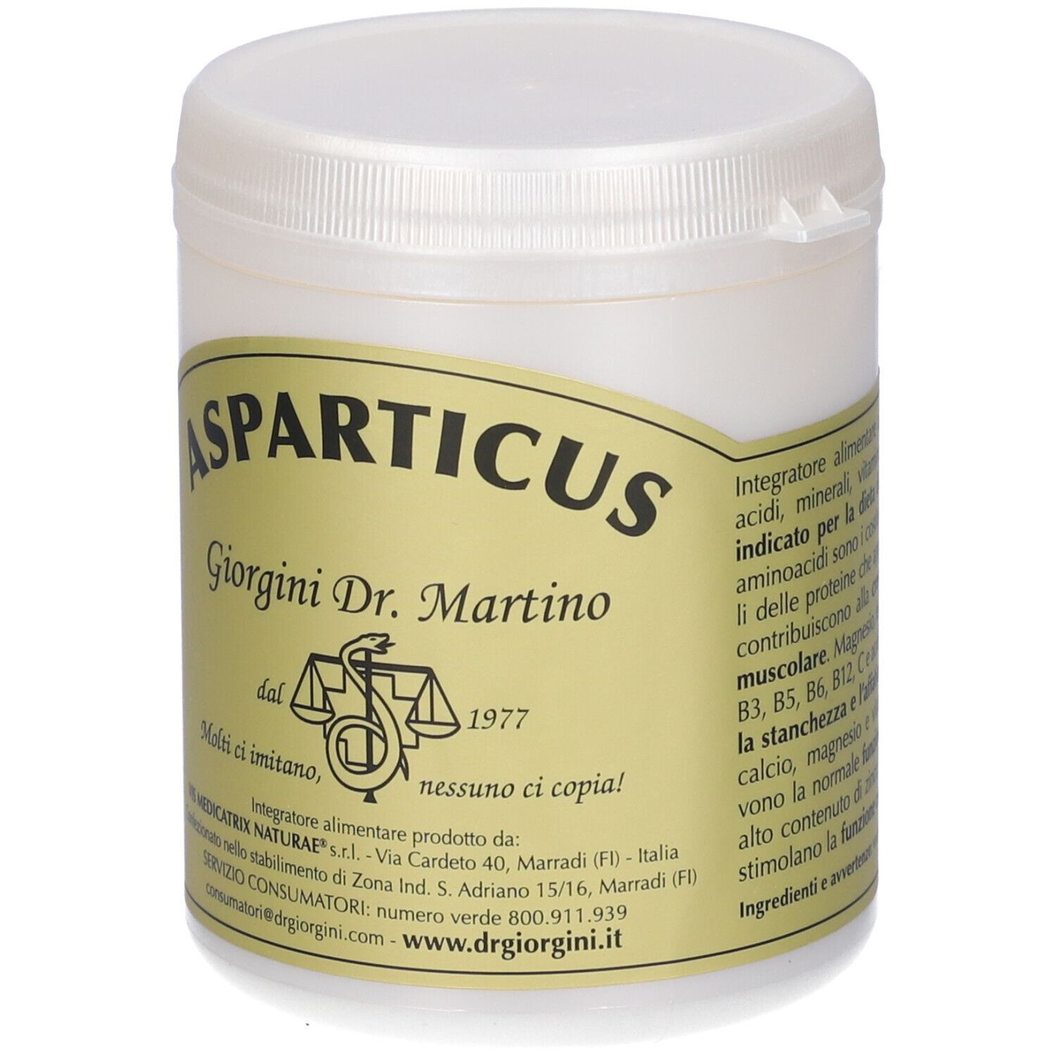 Contenitore bianco con etichetta Asparticus. Scritta: Giorgini Dr. Martino, dal 1977.