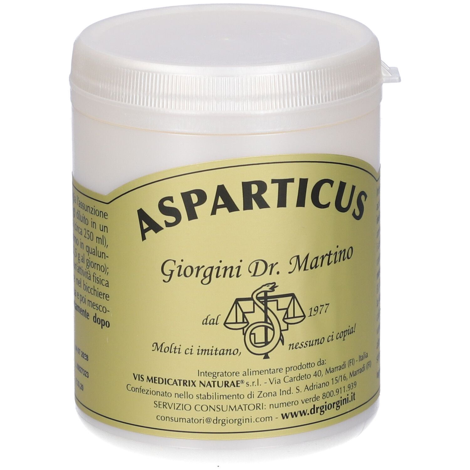 Contenitore bianco con etichetta Asparticus. Scritta: Giorgini Dr. Martino, dal 1977.