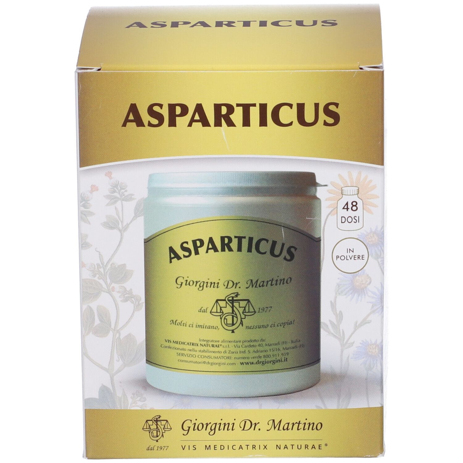 Scatola con barattolo Asparticus. Scritta: Giorgini Dr. Martino. 48 dosi.