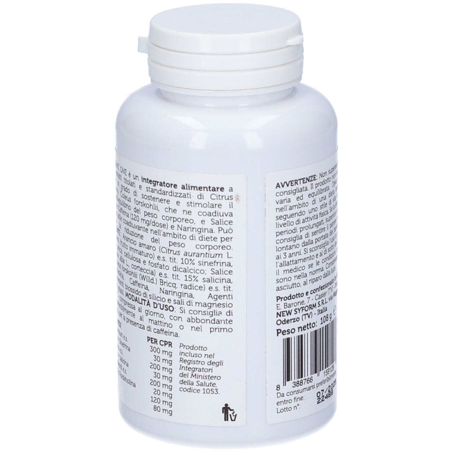 Flacone bianco con testo in italiano. Contiene informazioni sugli ingredienti e avvertenze.