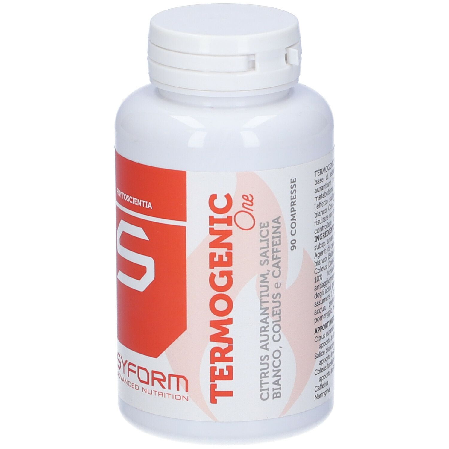 Flacone bianco con "Termogenic One" e logo "Syform". Contiene 90 compresse. Testo in italiano.