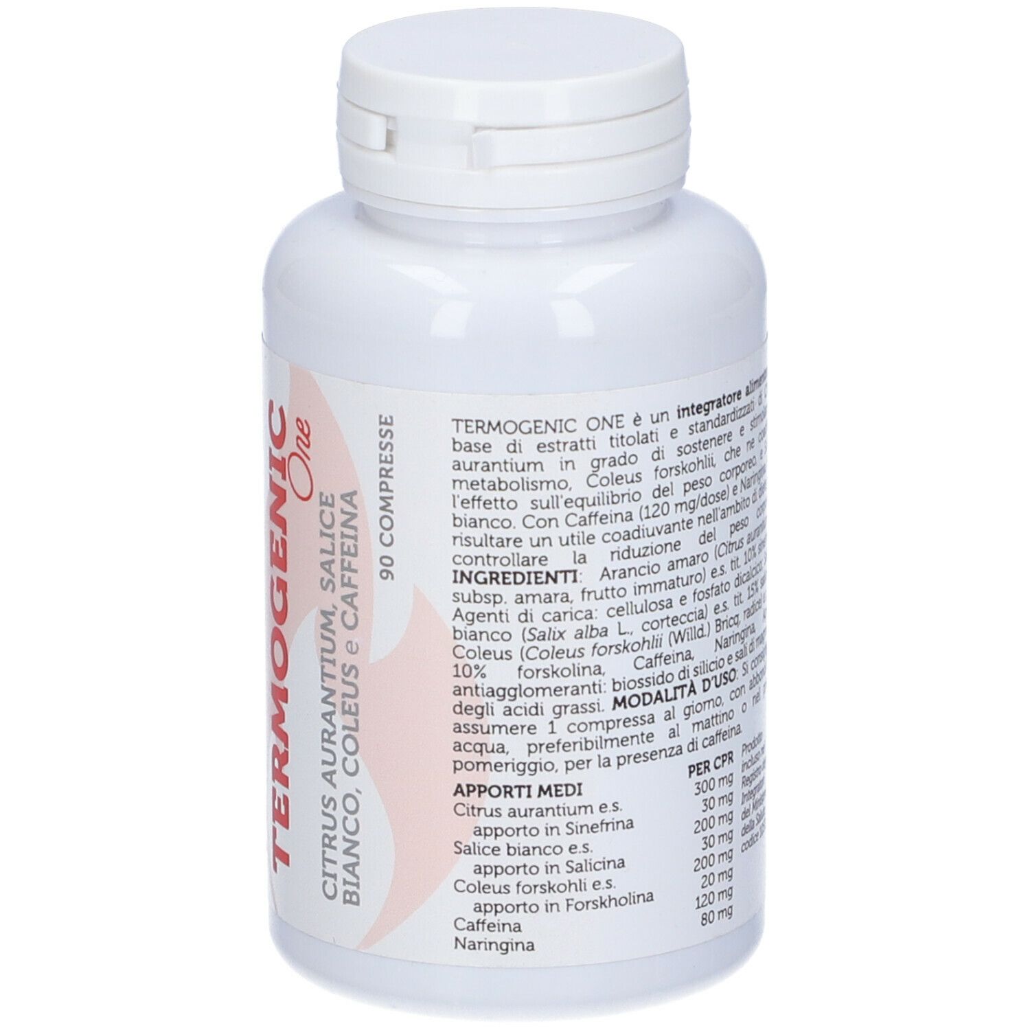 Flacone bianco con "Termogenic One" e testo in italiano. Contiene 90 compresse. Ingredienti.