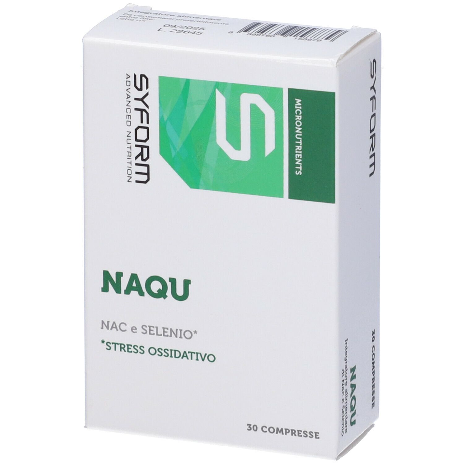 Scatola bianca con testo verde: NAQU, 30 compresse. Logo e testo SYFORM. Testo: NAC e SELENIO, *STRESS OSSIDATIVO.