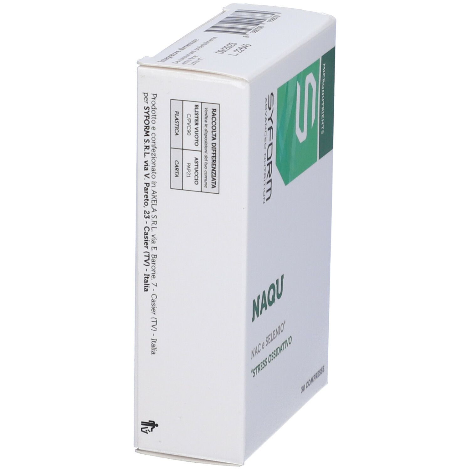 Scatola bianca, vista laterale. Scritta verde NAQU, 30 compresse. Logo SYFORM. Testo: NAC e SELENIO, *STRESS OSSIDATIVO.