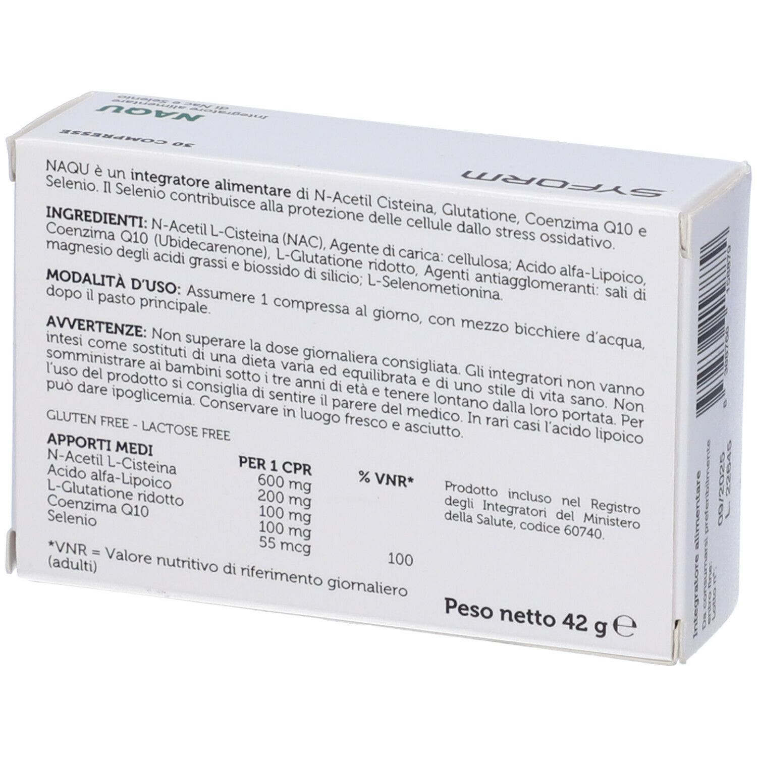 Scatola bianca con testo. Scritta: NAQU, 30 compresse. Ingredienti, istruzioni per l'uso, informazioni nutrizionali. Senza glutine e lattosio.