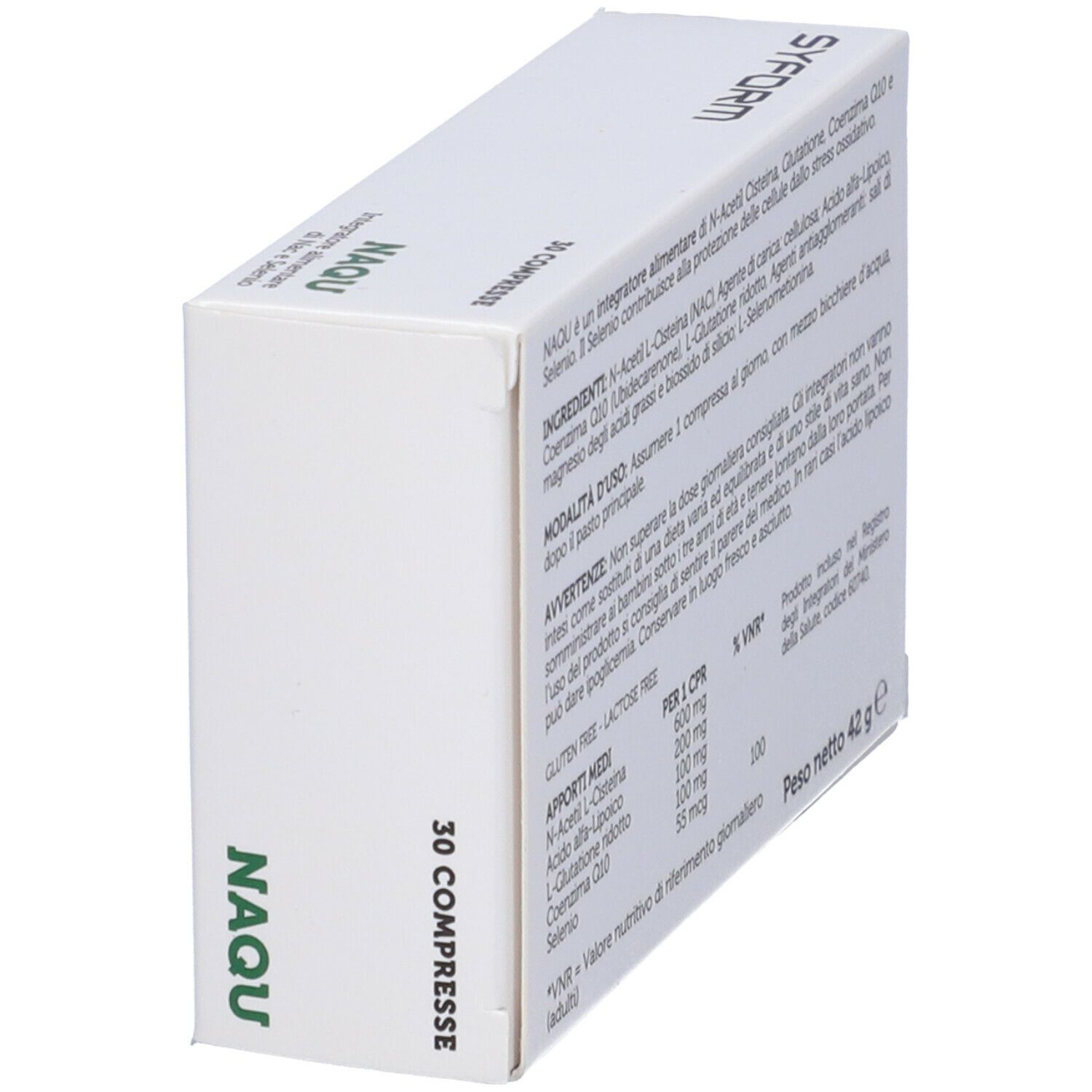Scatola bianca, vista obliqua. Scritta: NAQU, 30 compresse. Ingredienti, istruzioni per l'uso, informazioni nutrizionali. Senza glutine e lattosio.
