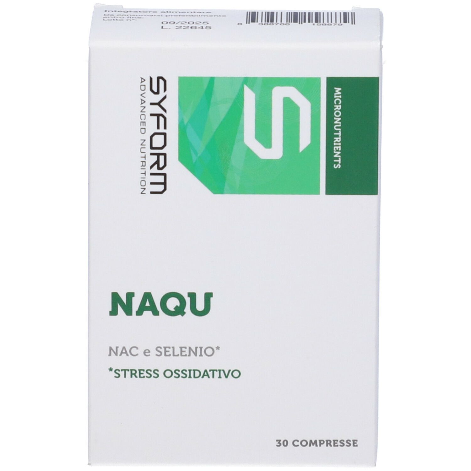 Scatola bianca con testo verde: NAQU, 30 compresse. Logo e testo SYFORM. Testo: NAC e SELENIO, *STRESS OSSIDATIVO.