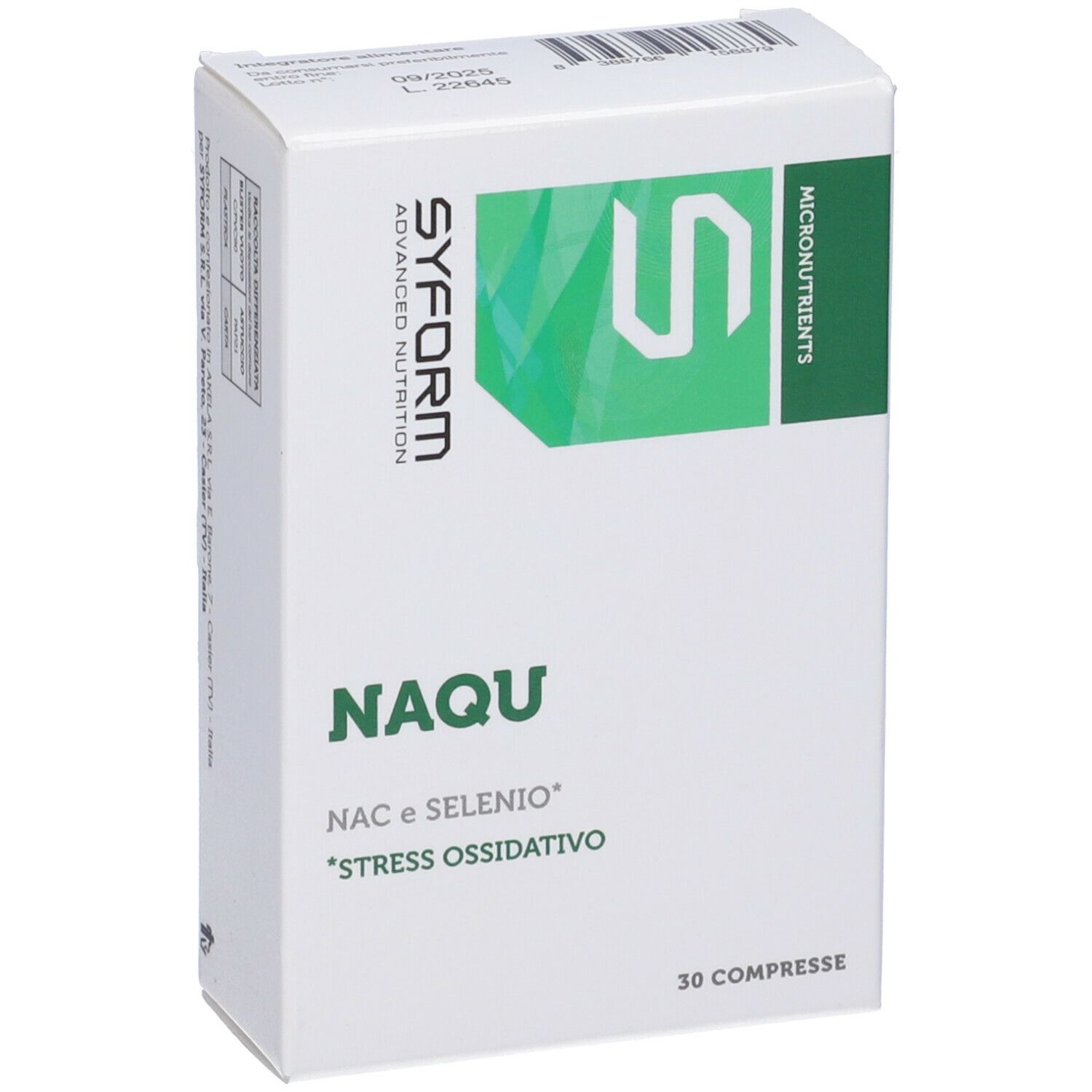 Scatola bianca con testo verde: NAQU, 30 compresse. Logo e testo SYFORM. Testo: NAC e SELENIO, *STRESS OSSIDATIVO.