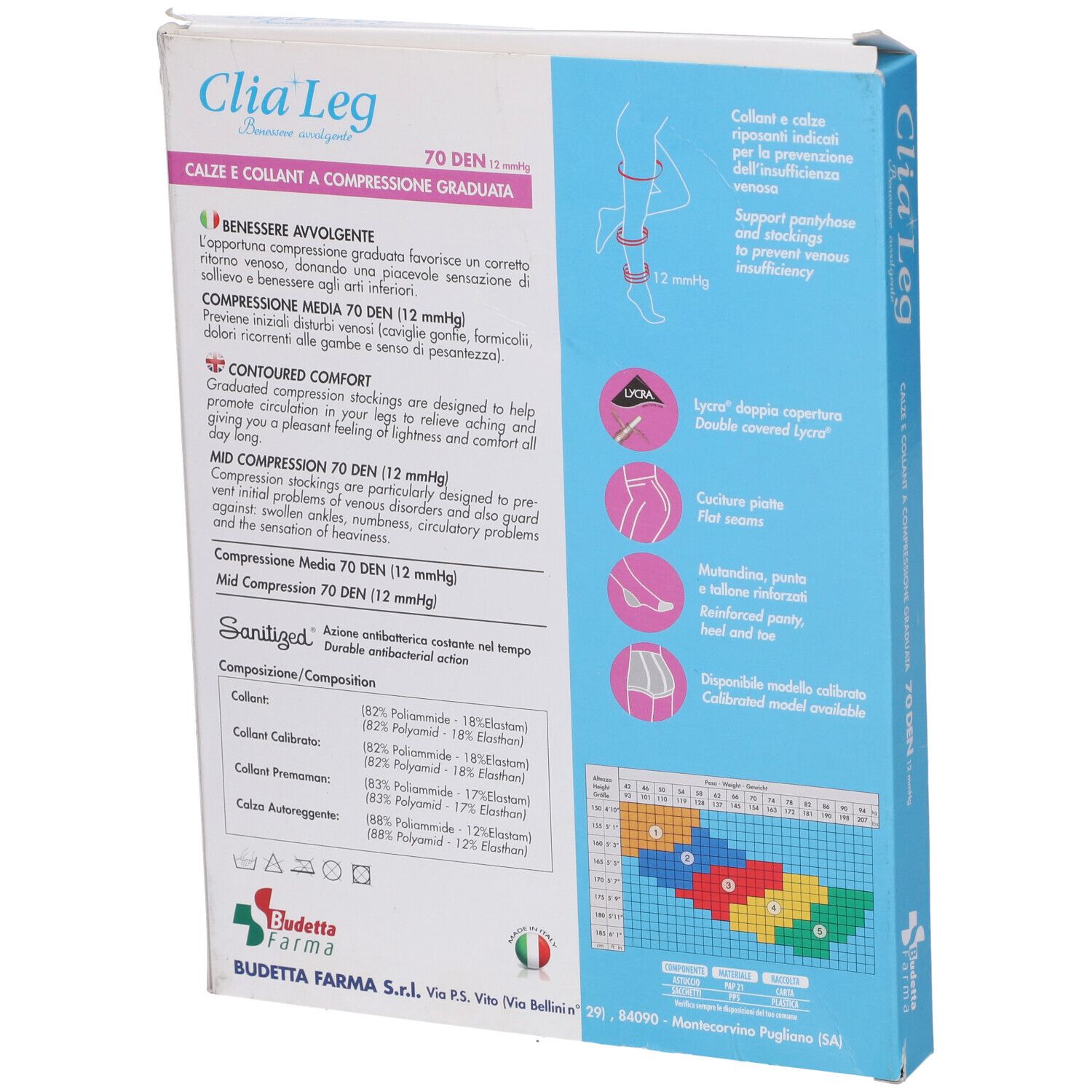 Retro della confezione con informazioni sui collant Clia Leg. Testo: compressione, composizione, produttore.