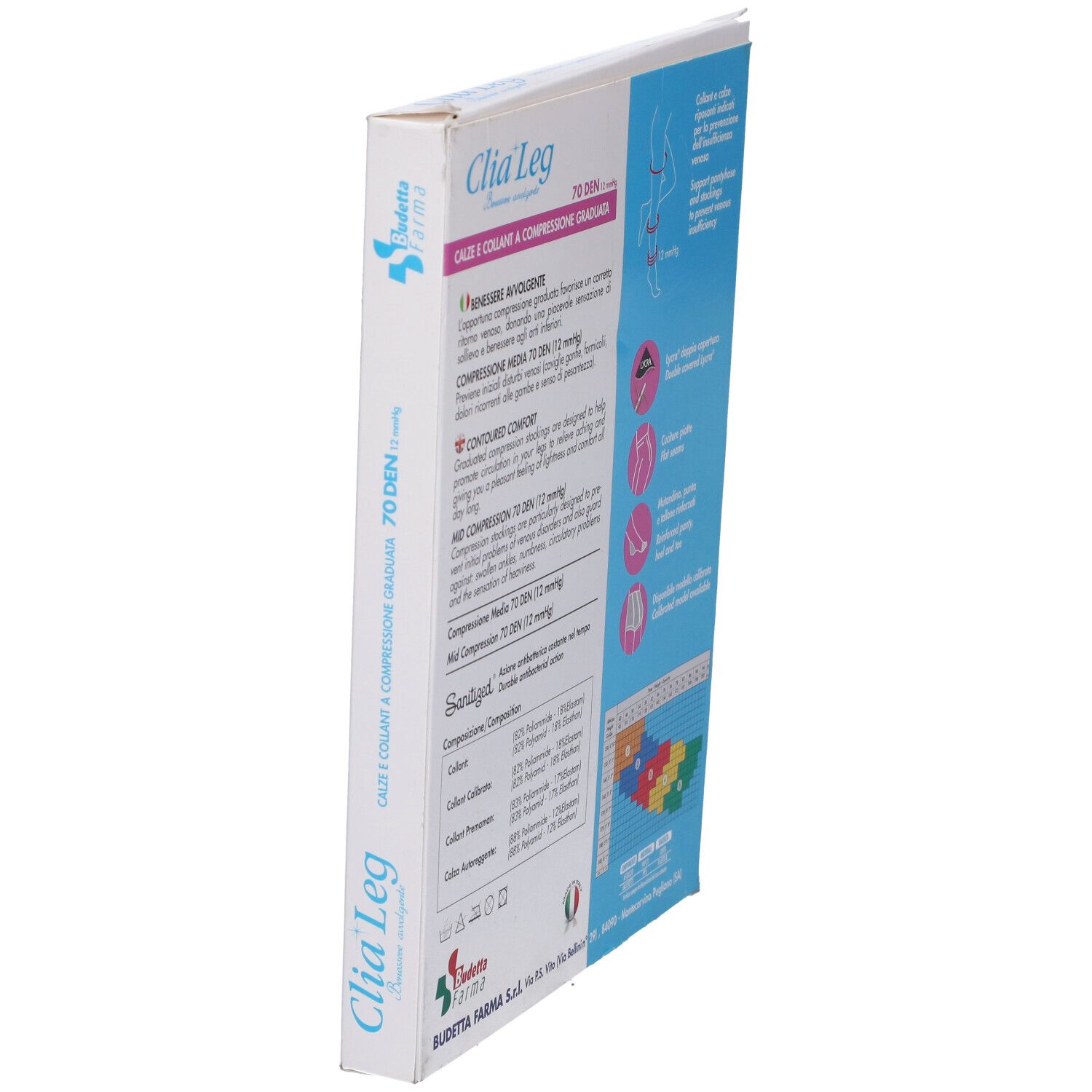 Confezione di collant Clia Leg in diagonale con informazioni. Testo: compressione, composizione, produttore.