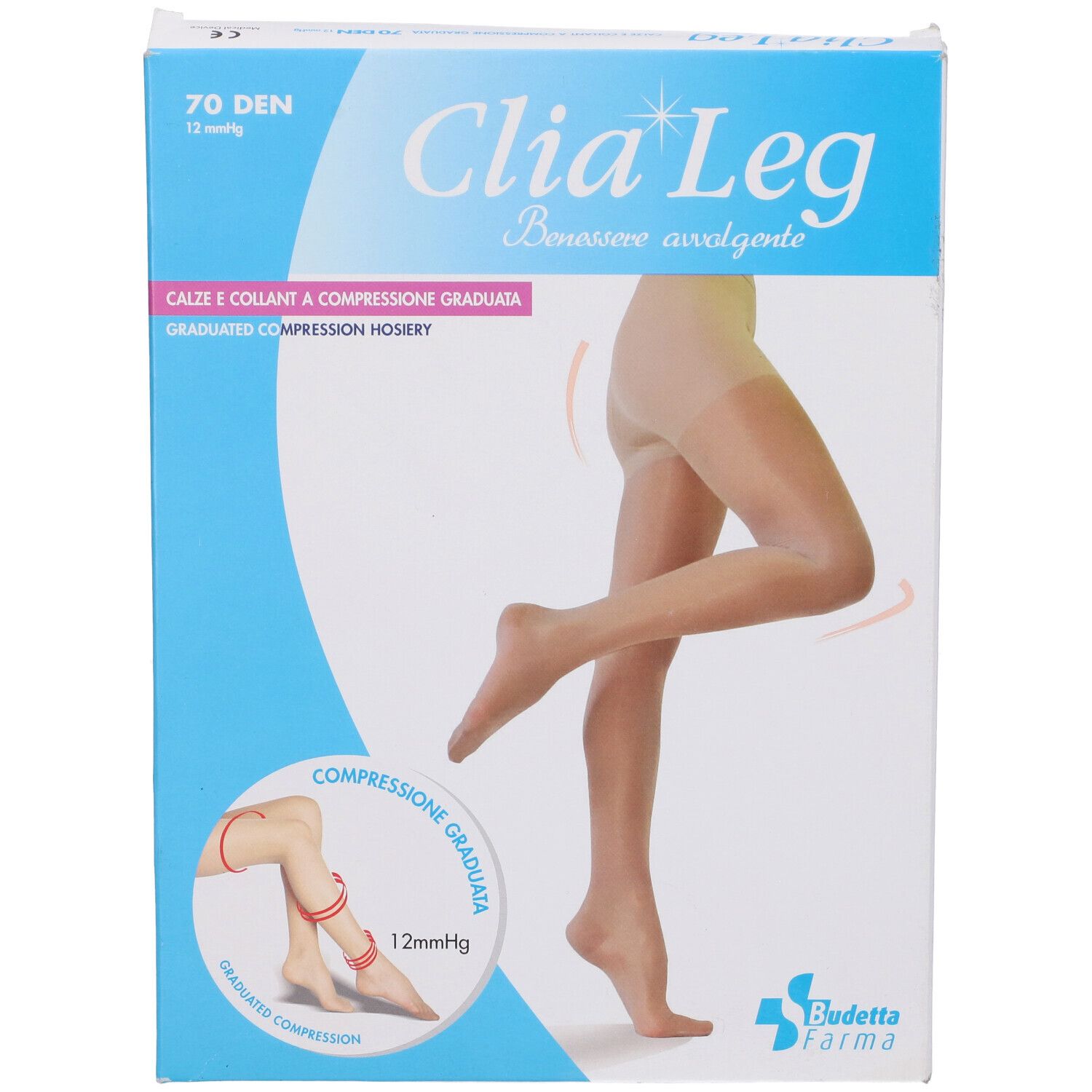 Confezione di collant Clia Leg 70 Den. Immagine di gamba con collant. Scritta: Calze e collant a compressione graduata.